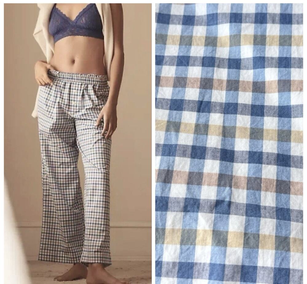 Anthropologie The Wren Boxer Pants Trousers Sleep Pajama Lounge Blue Check NEW